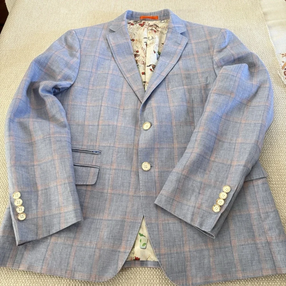 Tallia Mens 40S Blue Pink Windowpane Plaid 100% Linen Sport Coat Blazer Jacket